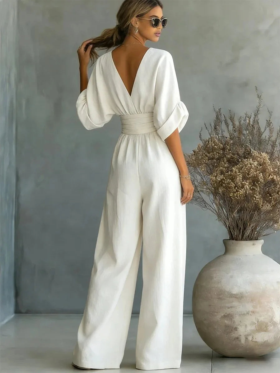 Women's Jumpsuit Fashion High Waist V-neck Jumpsuits for Woman Sexy White Office Wide Leg Trousers Overalls Vacation Outfit New