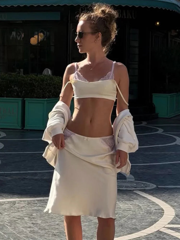 Women Satin Two Piece Set Crop Top Midi Slip Skirt Lace Trim Spaghetti Strap Bodycon 2026 Summer Party Vacation Casual Chic New